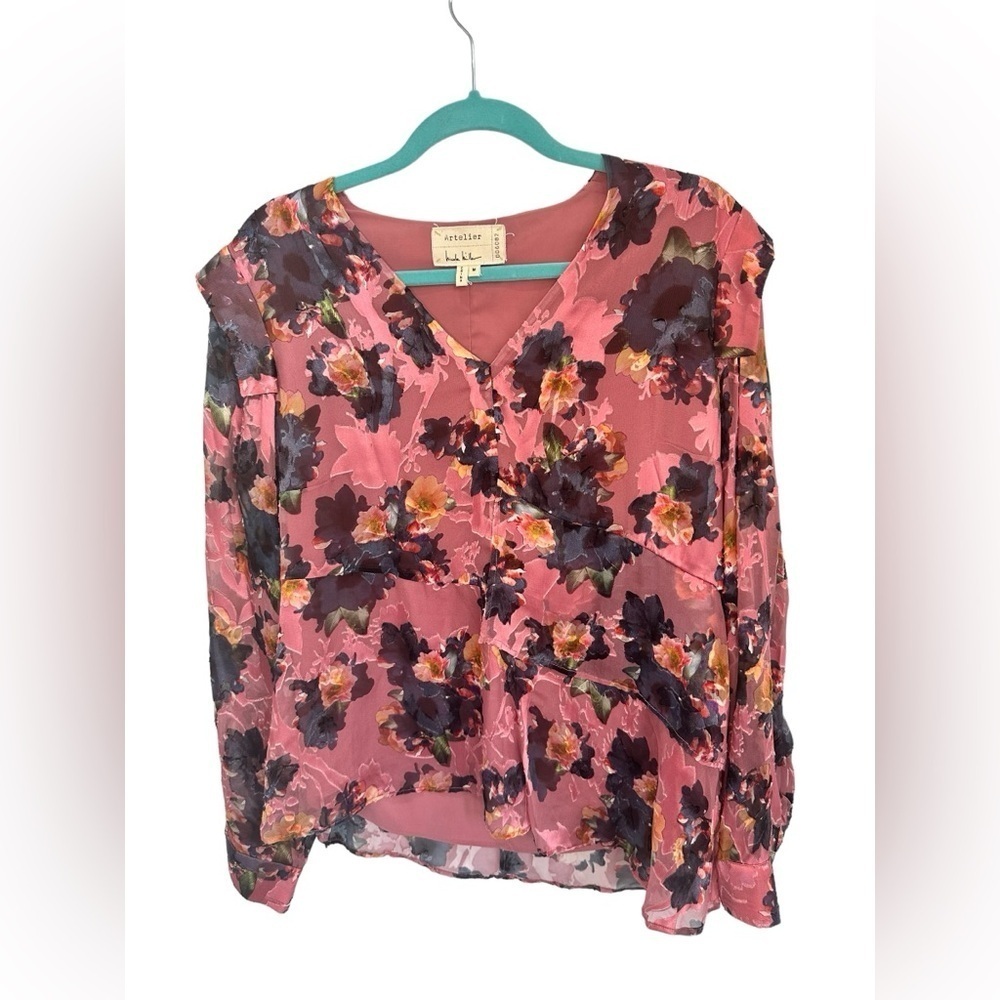 NICOLE MILLER Floral Print Silk Blouse Long Sleeve Burnout Ruffle Pink M… - Picture 3 of 7